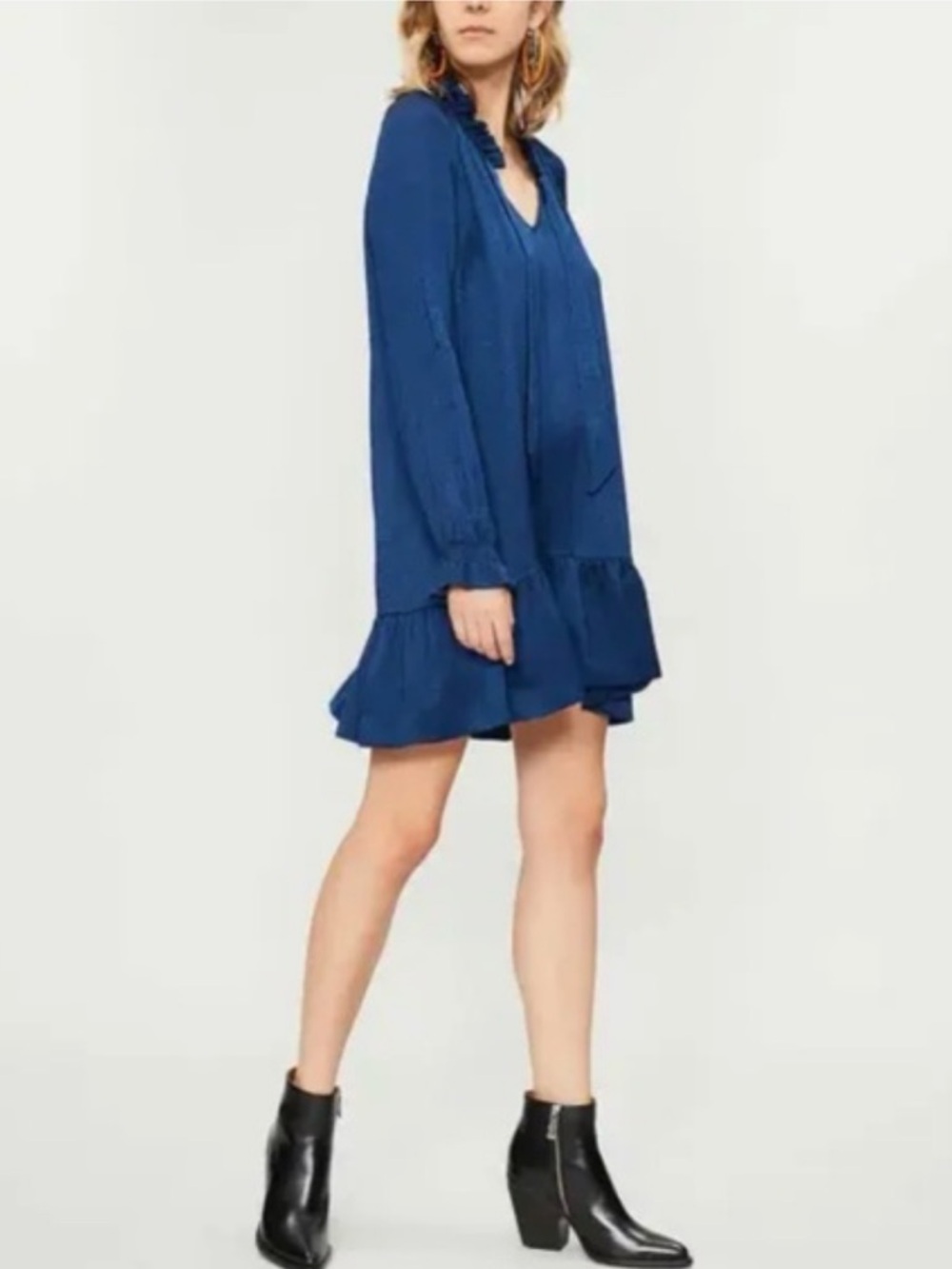 Sandro Paris Blue Silk-Blend Ruffle Tie-Neck Mini Dress - Size 40 Fits US M/8